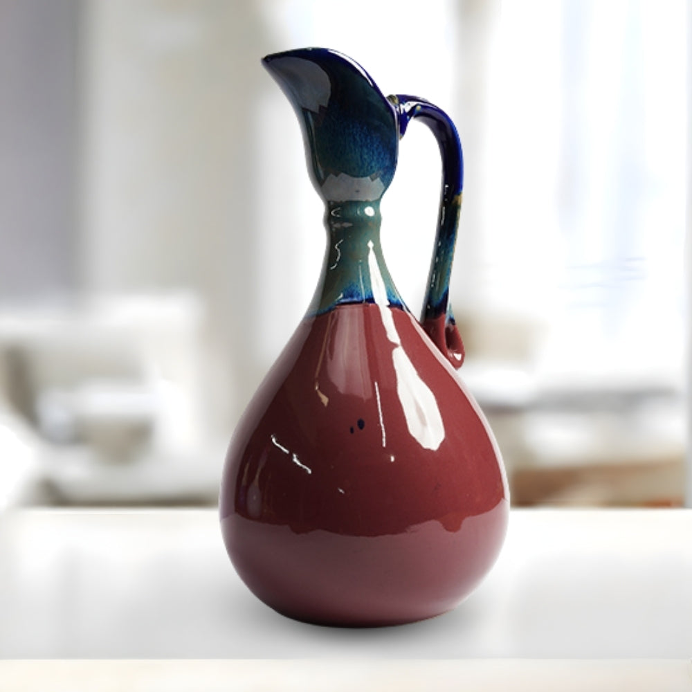 oriental maroon and blue ceramic decorative pitcher for home décor and display with elegant traditional design